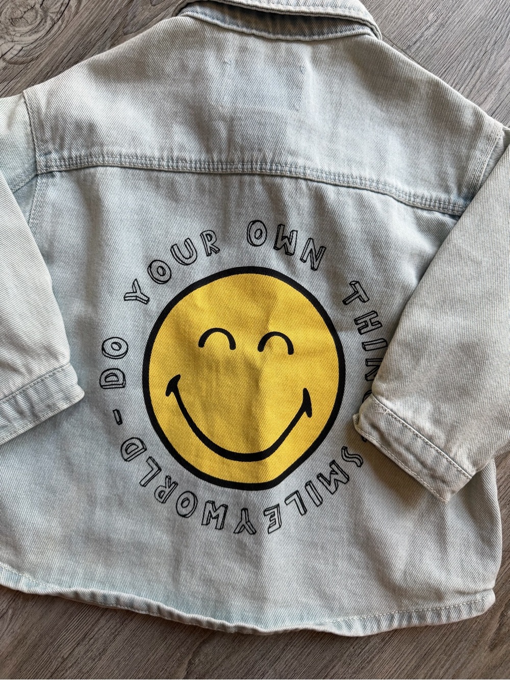 Zara Light Blue Denim Button-Down Jacket with Yellow Smiley Back